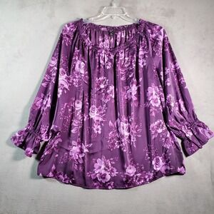 Talbots Top Womens 2X Purple‎ Floral Long Puff Sleeve Peasant Fairy Cottagecore
